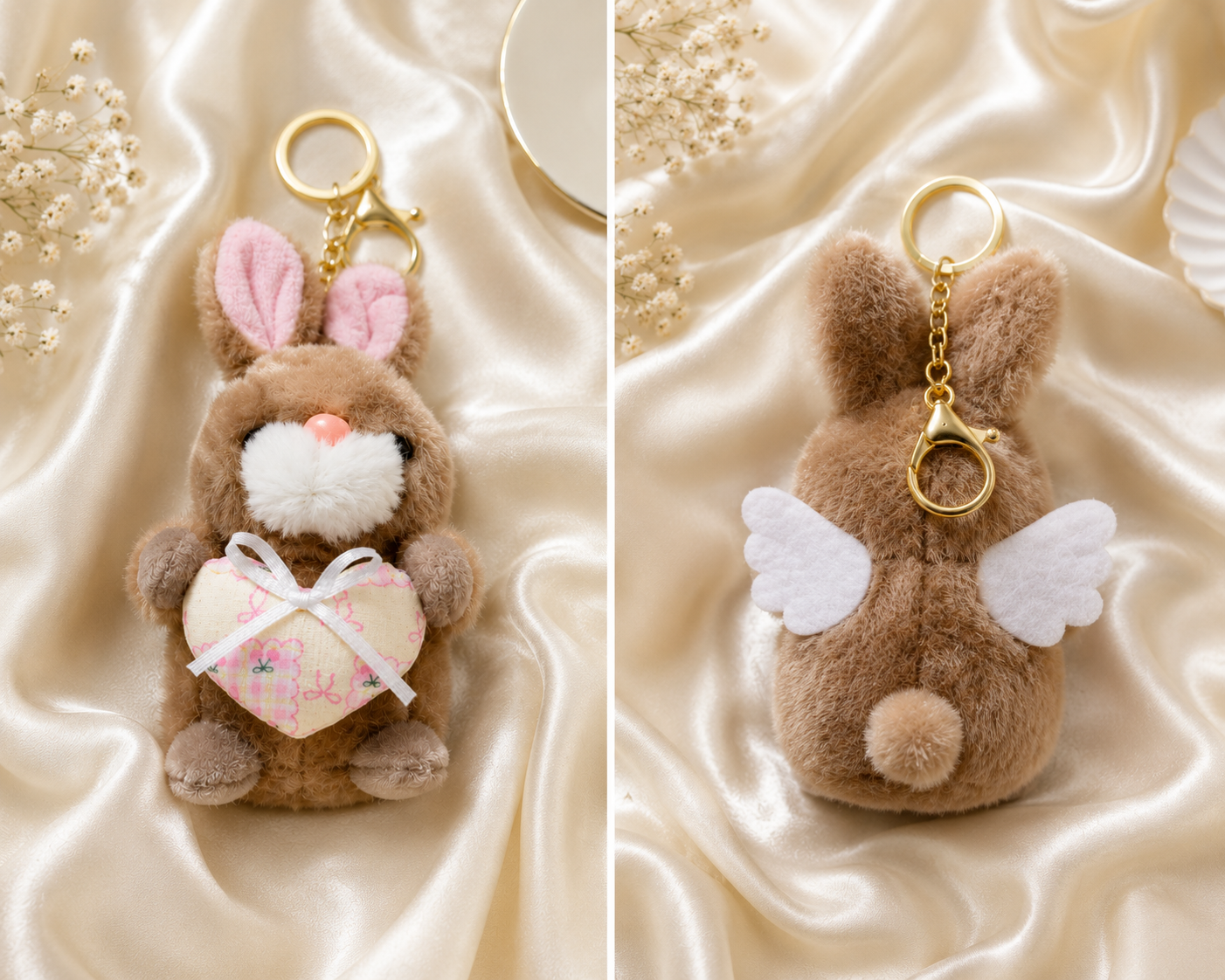 Cute Angel Bunny Heart Plush Keychain – Brown & Pink