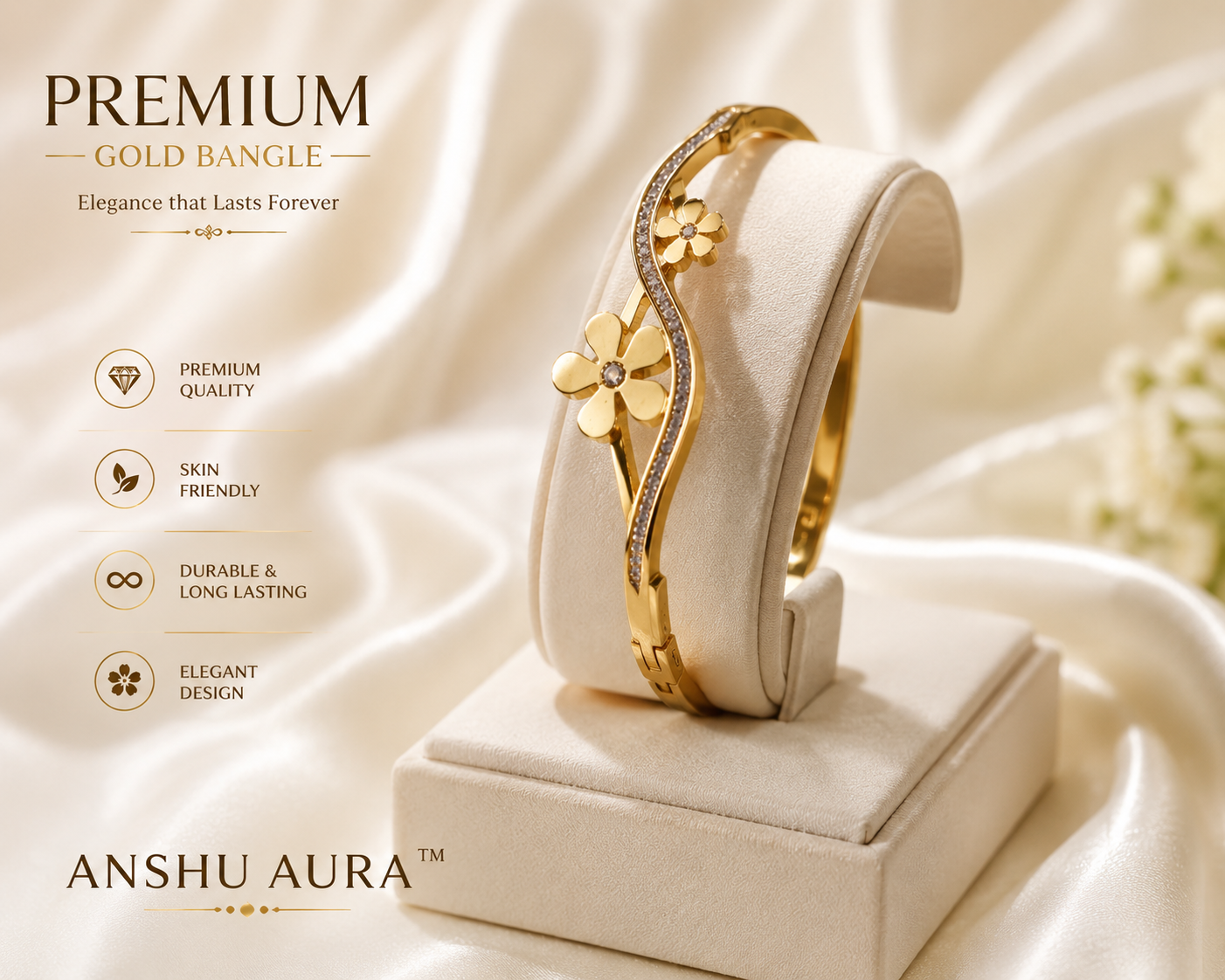 Floral Infinity Crystal Gold Bangle – Anti-Tarnish
