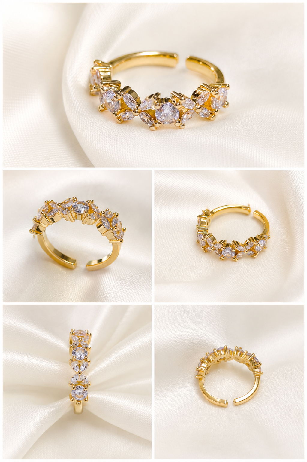 ANSHU AURA Golden Crystal Floral Adjustable Ring