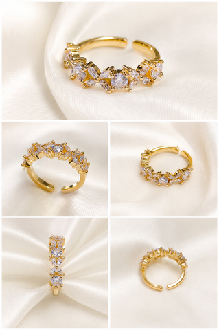 ANSHU AURA Golden Crystal Floral Adjustable Ring