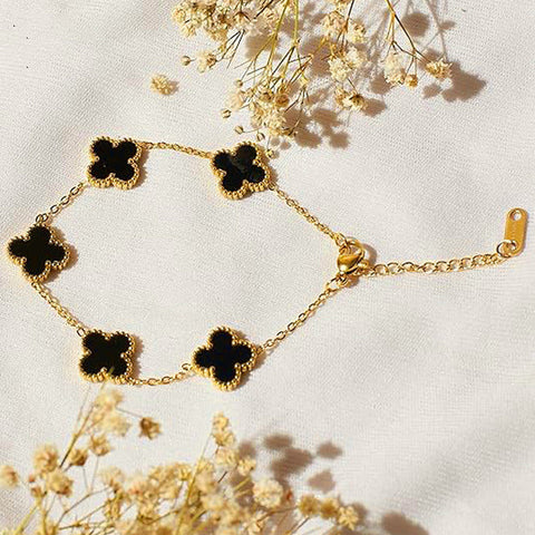 Onyx Clover Leaf 18K Gold Plated Bracelet