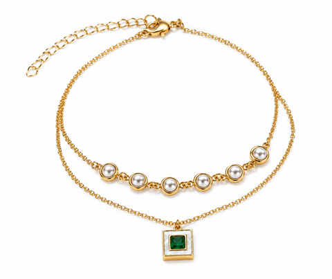 Emerald Pearl Charm Layered Anklet