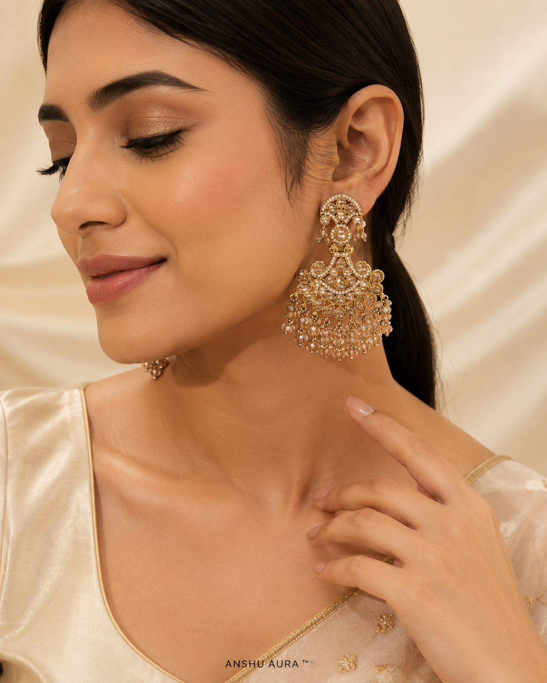 Luxury Champagne Crystal Chandbali Earrings for Women | Premium Ethnic Party Wear