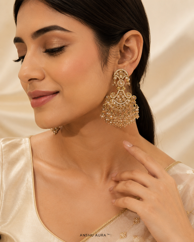 Luxury Champagne Crystal Chandbali Earrings for Women | Premium Ethnic Party Wear