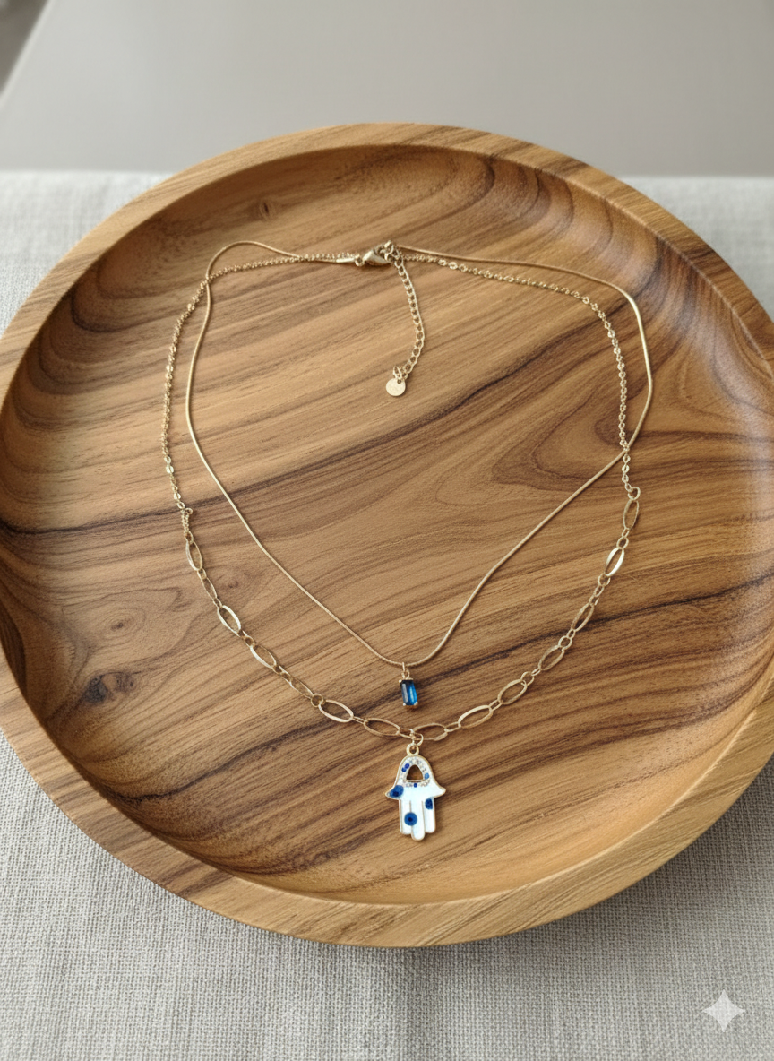 Elegant Double Layered Blue  stone hamsa necklaces