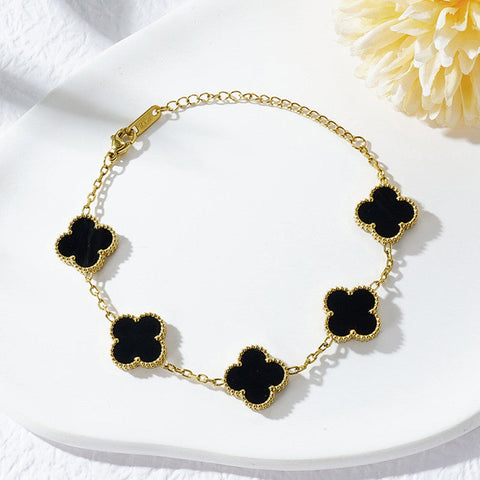 Onyx Clover Leaf 18K Gold Plated Bracelet