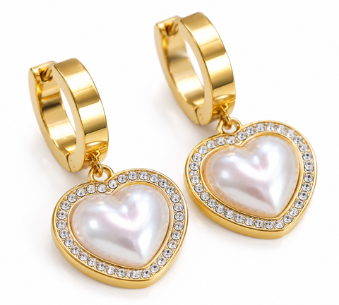 Heart Pearl Crystal Hoop Earrings