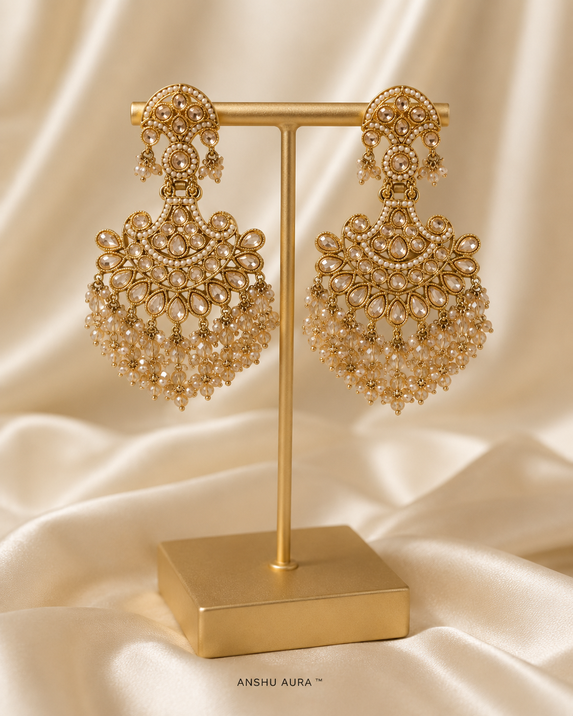 Luxury Champagne Crystal Chandbali Earrings for Women | Premium Ethnic Party Wear
