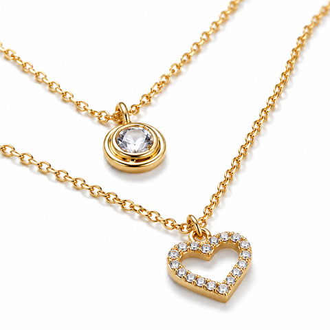 Double Layer Heart & Crystal Pendant Necklace