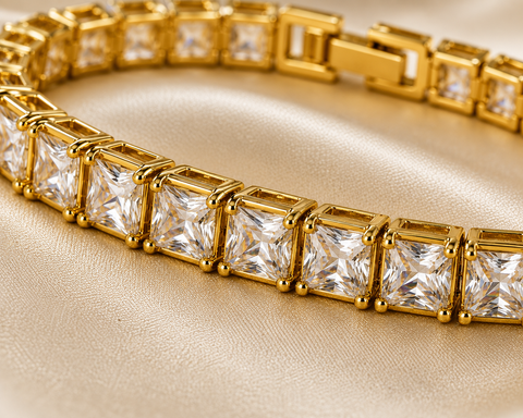 Gold Tone Princess Cut Tennis Bracelet | Premium Stainless Steel | Unisex