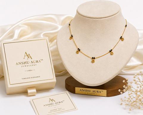 Black Bead Gold Charm Necklace