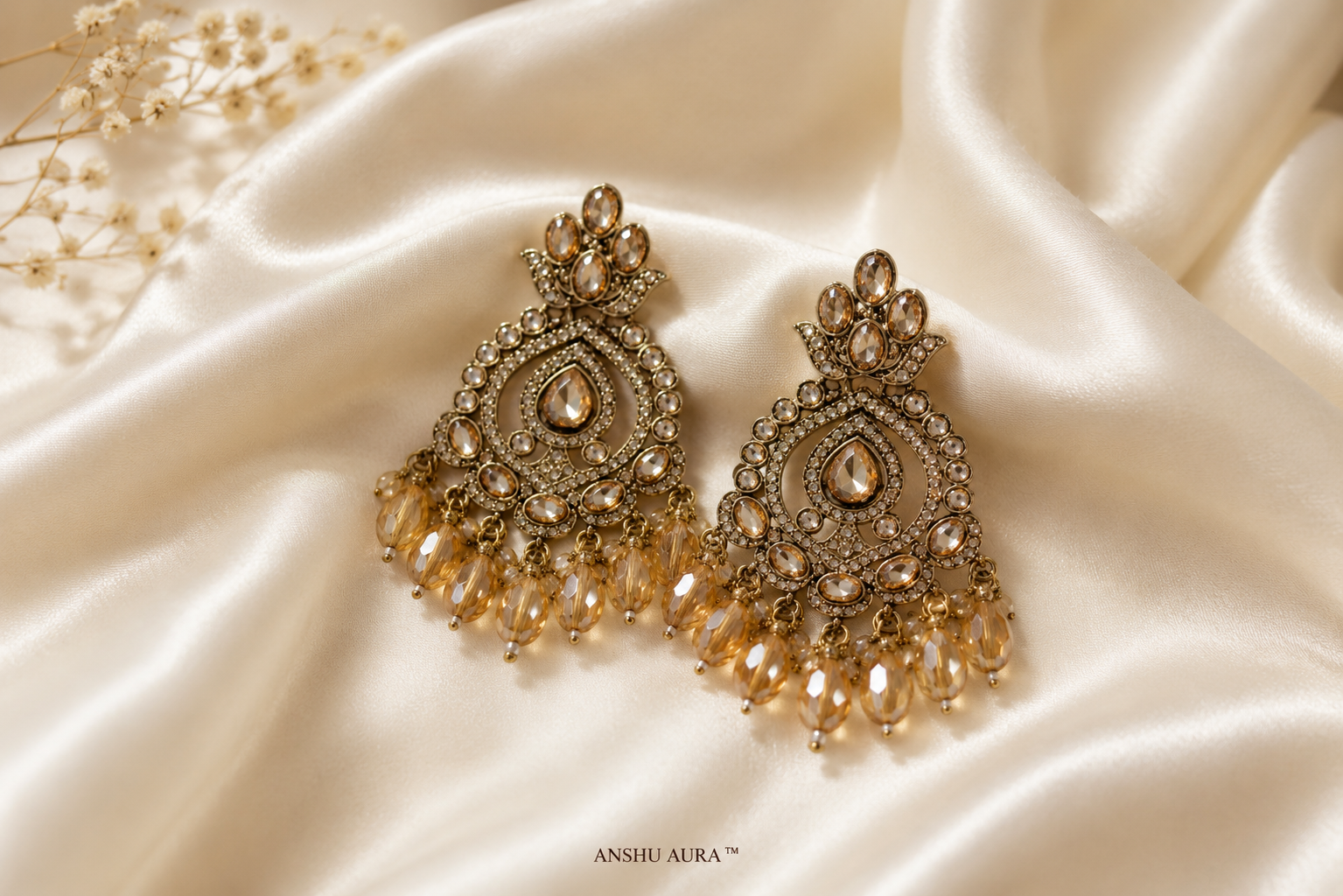 Champagne Crystal Chandbali Earrings | Premium Ethnic Party Wear Earrings