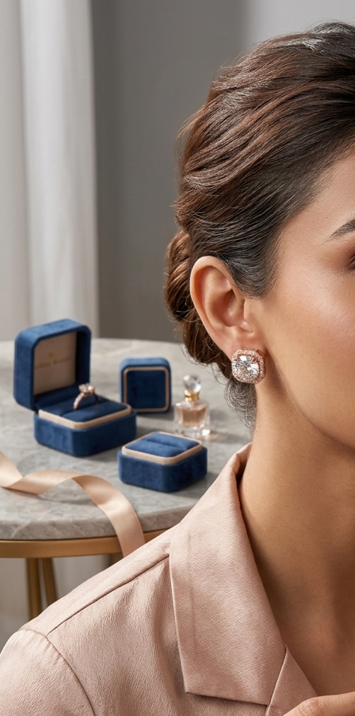 Anshu Aura – Rose Gold Glamour: Square Halo Solitaire Stud Earrings