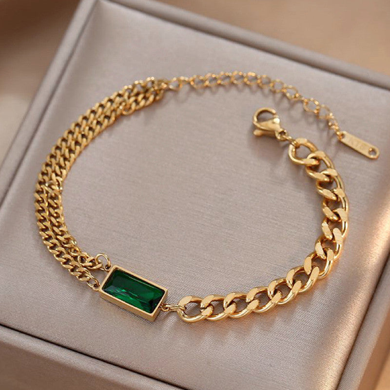 Emerald Luxe Dual-Chain Bracelet - Anti-Tarnish Emerald Green Statement Jewelry