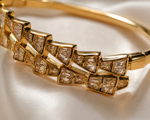 Geometric Crystal Gold-Plated Open Bangle Bracelet