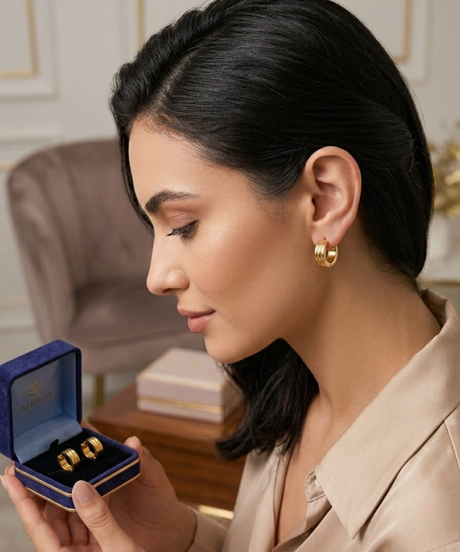 Anshu Aura – Elegant Triple-Ribbed 18K Gold Plated Hoop Earrings
