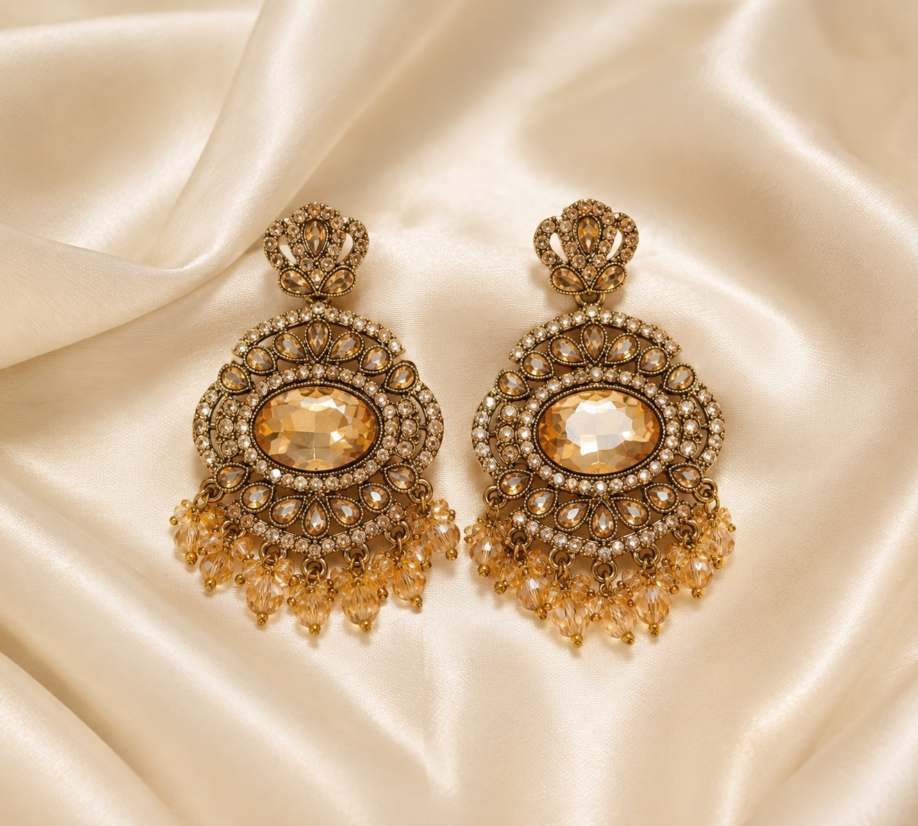 Champagne Crystal Vintage Chandbali Earrings | Premium Party & Wedding Earrings for Women