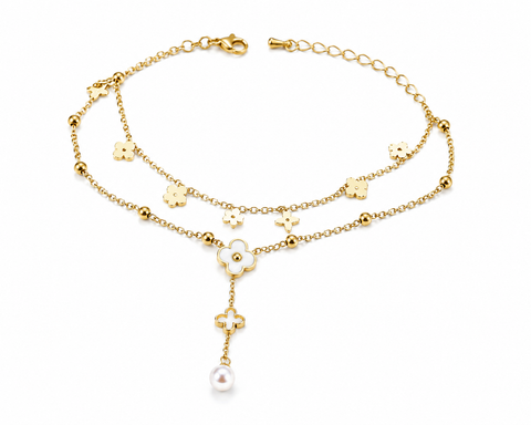 Floral Pearl Drop Double-Layer Gold Anklet