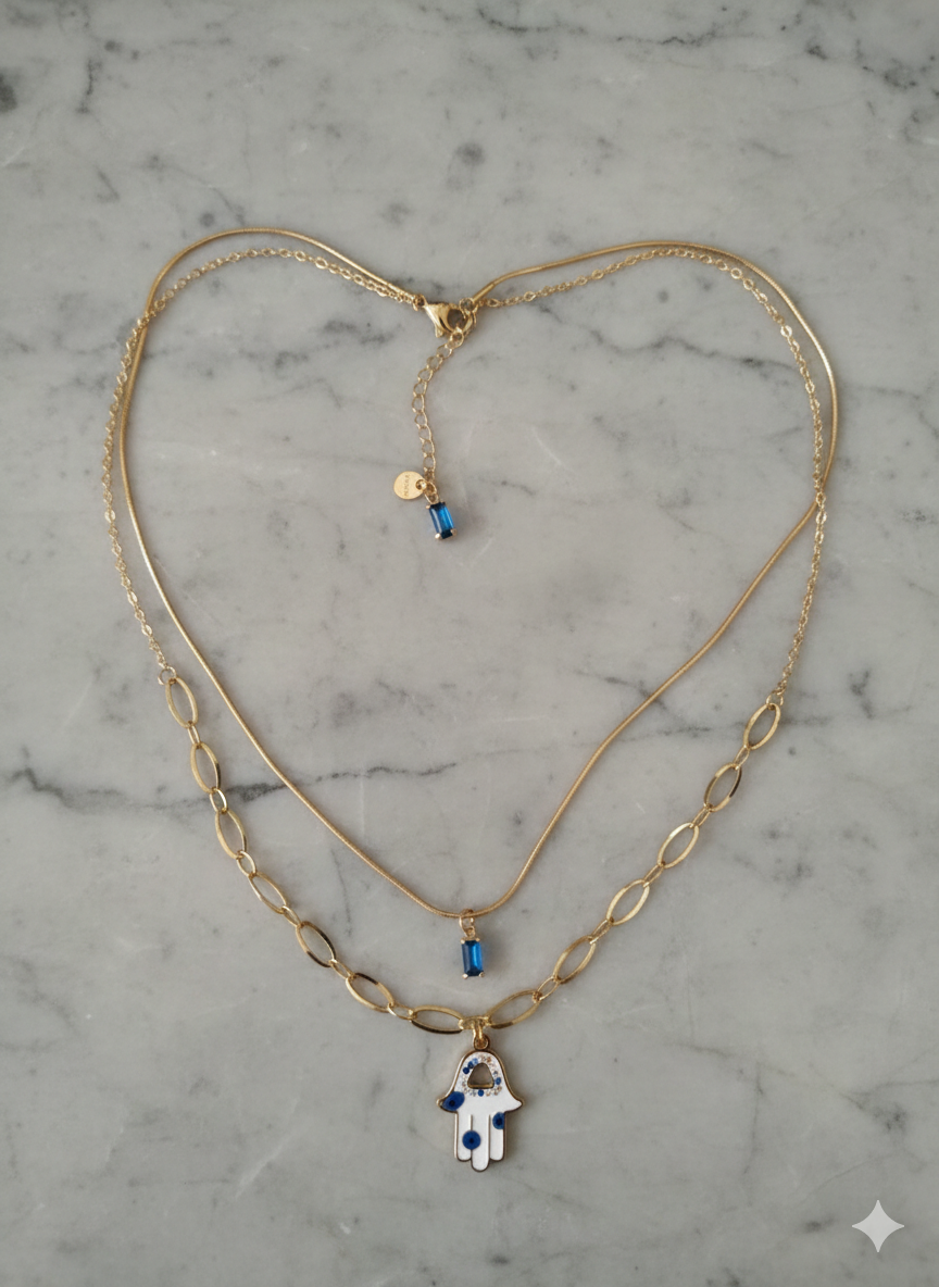 Elegant Double Layered Blue  stone hamsa necklaces