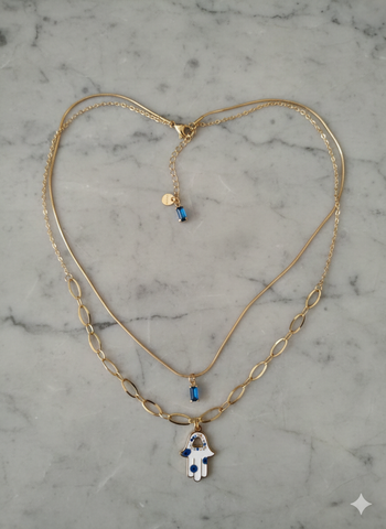 Elegant Double Layered Blue  stone hamsa necklaces