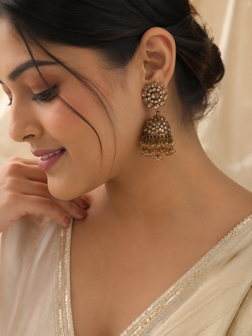 Champagne Crystal Antique Jhumka Earrings for Women | Premium Party & Wedding Earrings – ANSHU AURA