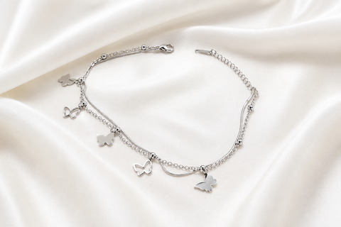 Butterfly Charm Silver Anklet – Elegant Layered Design