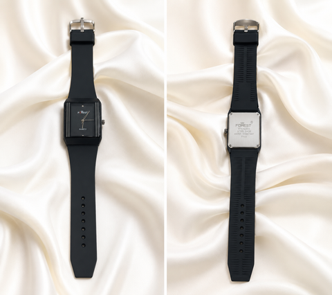 FOREST Black Square Dial Quartz Watch for Men & Women | Soft Silicone Strap | Minimal Classic Design
