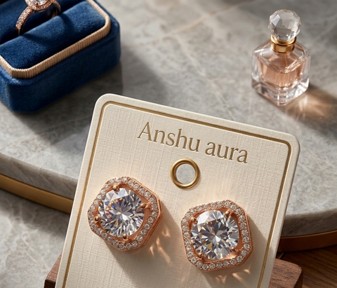 Anshu Aura – Rose Gold Glamour: Square Halo Solitaire Stud Earrings
