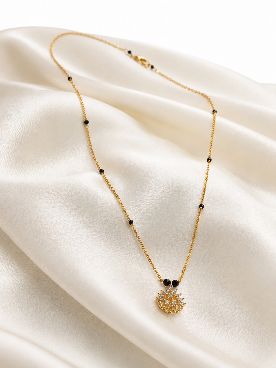 Elegant Gold-Plated Black Beaded Pendant Necklace