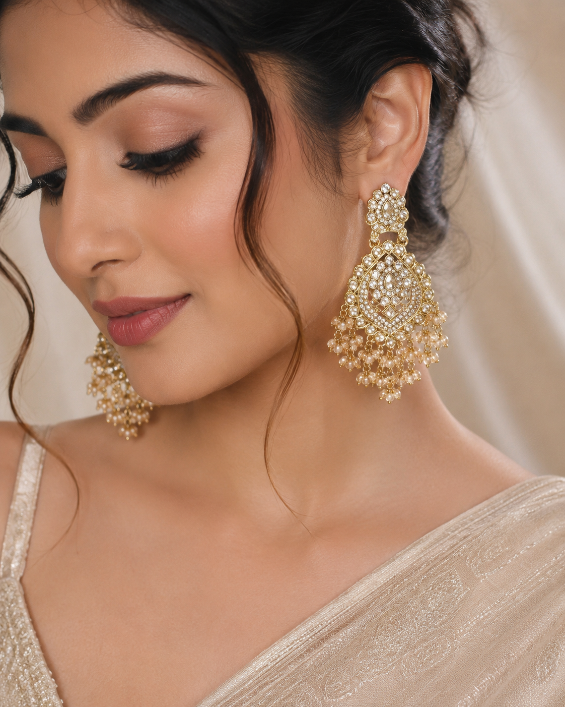Royal Champagne Kundan Chandbali Earrings for Women | Premium Wedding & Party Wear |