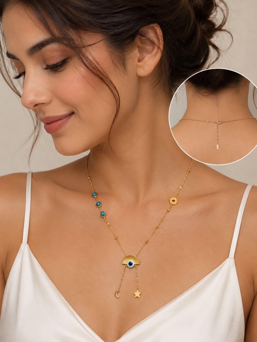 Gold Evil Eye Pendant Necklace with Turquoise Stones