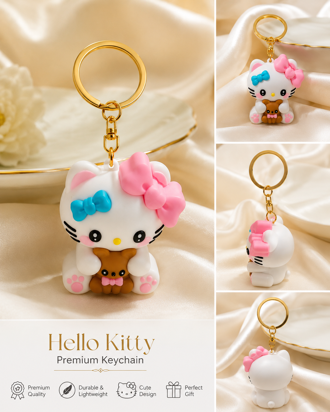Cute Kitty Teddy Premium Keychain – Pink & Blue Bow