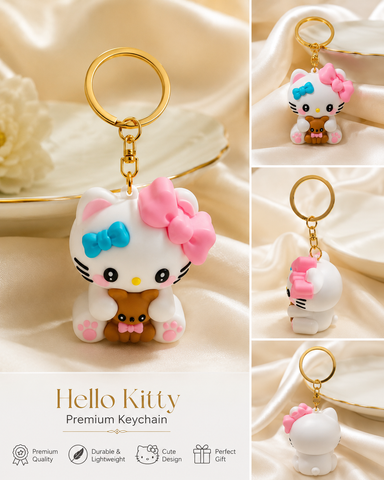 Cute Kitty Teddy Premium Keychain – Pink & Blue Bow