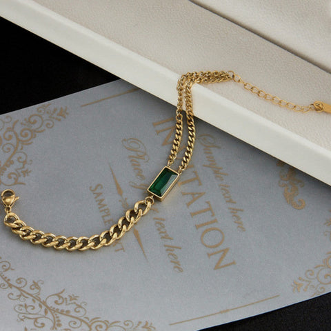 Emerald Luxe Dual-Chain Bracelet - Anti-Tarnish Emerald Green Statement Jewelry
