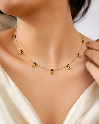 Black Bead Gold Charm Necklace