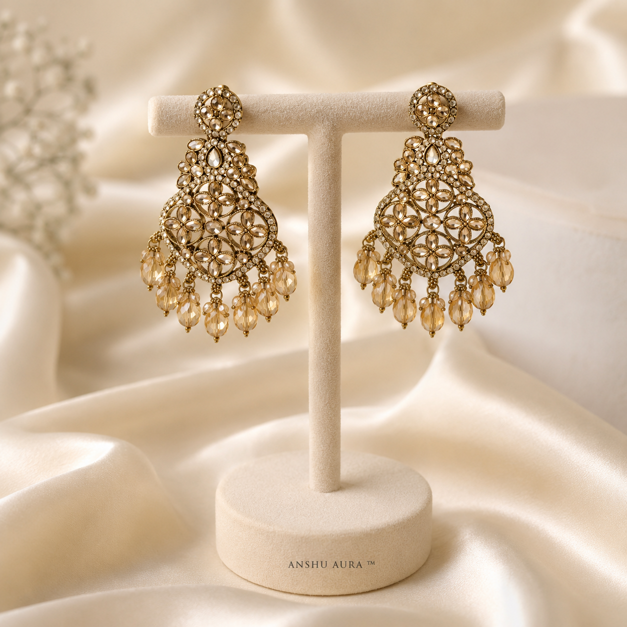 Anshu Aura™ Premium Champagne Crystal Chandbali Earrings | Anti-Tarnish Luxury Statement Earrings