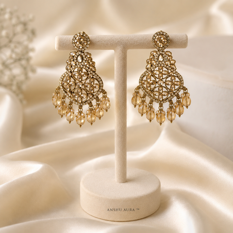 Anshu Aura™ Premium Champagne Crystal Chandbali Earrings | Anti-Tarnish Luxury Statement Earrings