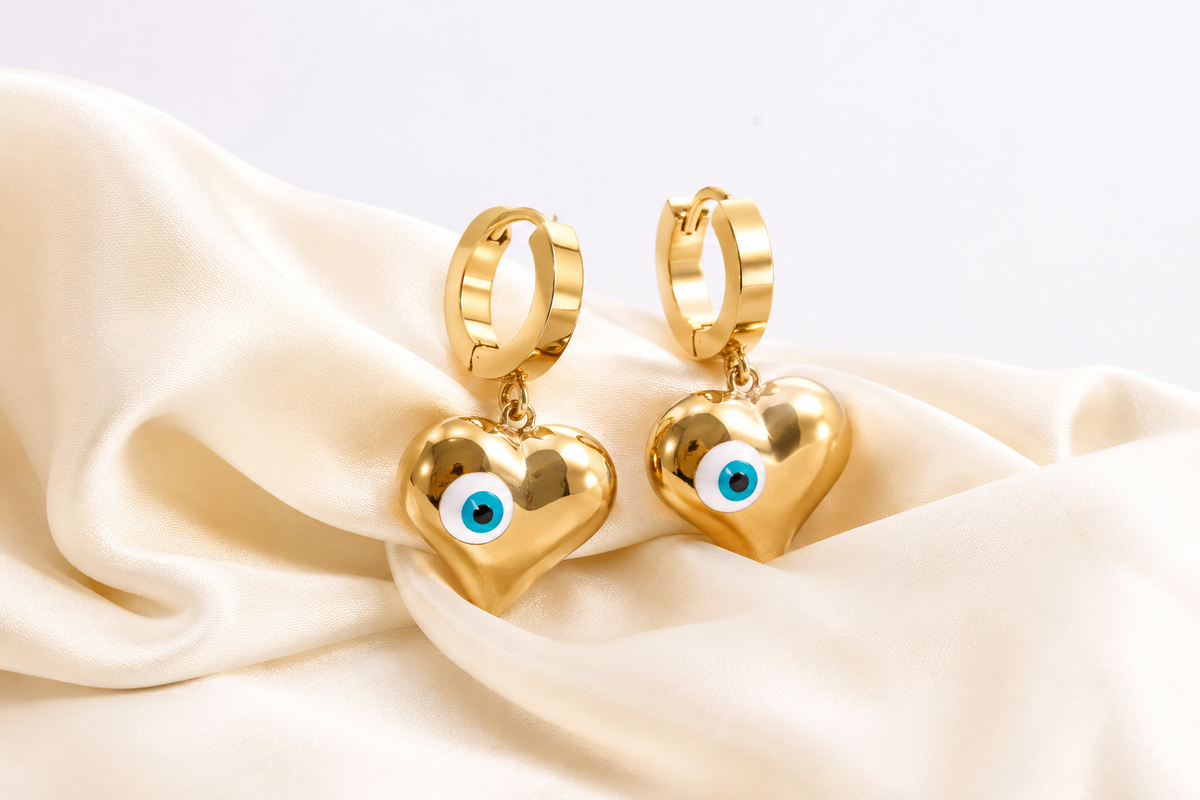 Evil Eye Heart Huggie Earrings