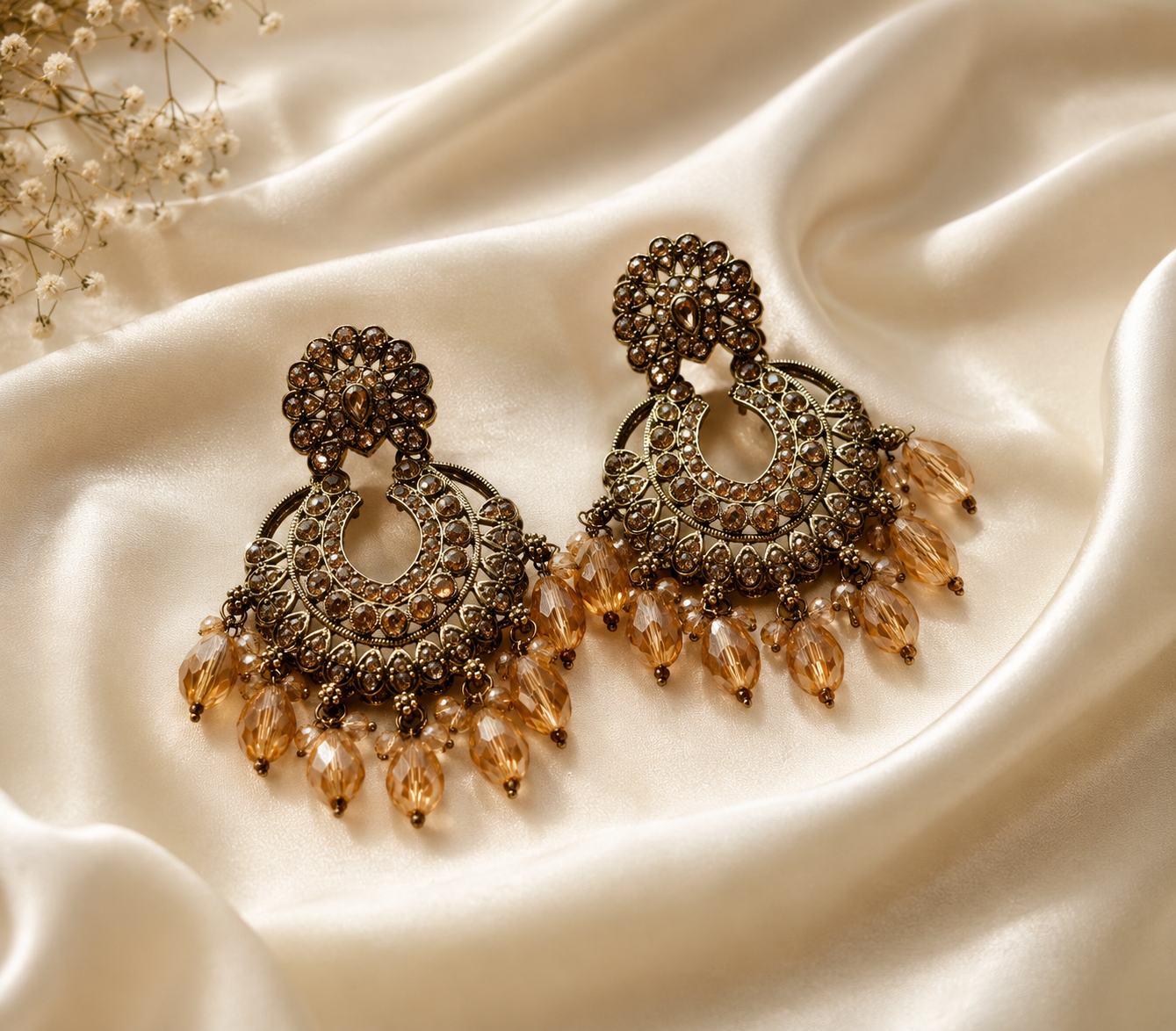Vintage Crystal Beaded Chandbali Earrings – Antique Gold Finish | Ethnic Party & Wedding Wear