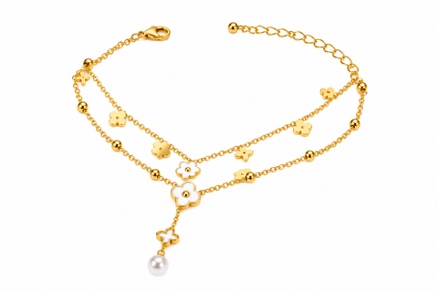 Floral Pearl Drop Double-Layer Gold Anklet