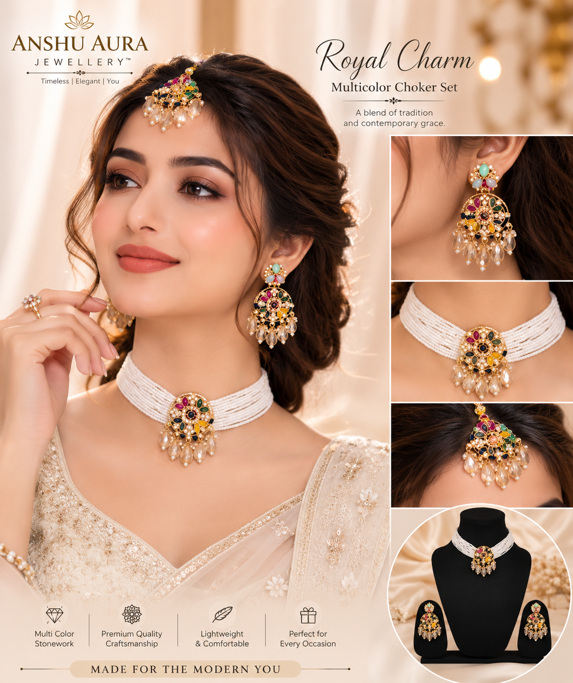 Royal Multicolor Pearl Choker Set with Earrings & Maang Tikka | Premium Bridal Jewellery | ANSHU AURA
