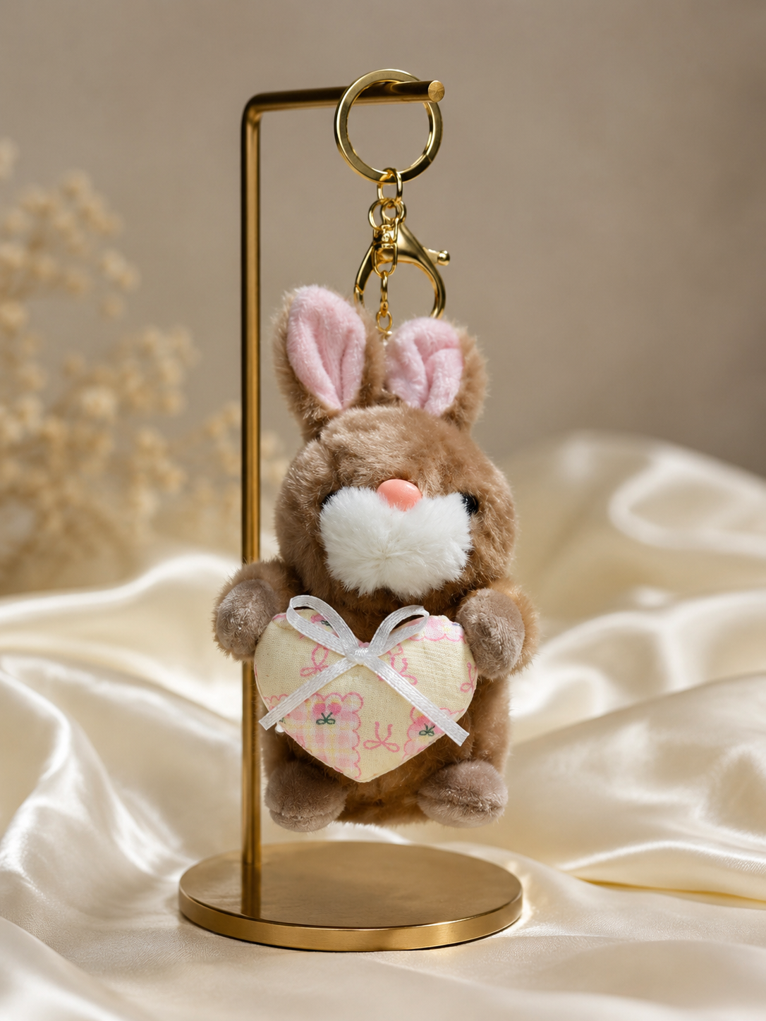 Cute Angel Bunny Heart Plush Keychain – Brown & Pink