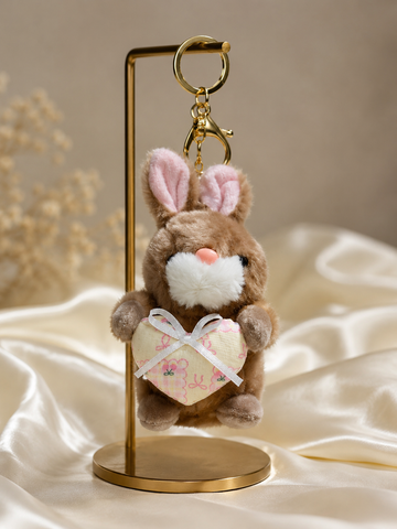 Cute Angel Bunny Heart Plush Keychain – Brown & Pink