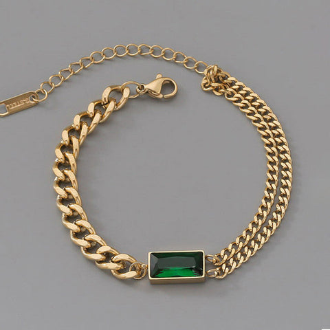 Emerald Luxe Dual-Chain Bracelet - Anti-Tarnish Emerald Green Statement Jewelry