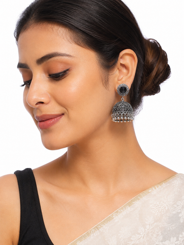 Black Stone Oxidised Jhumka Earrings