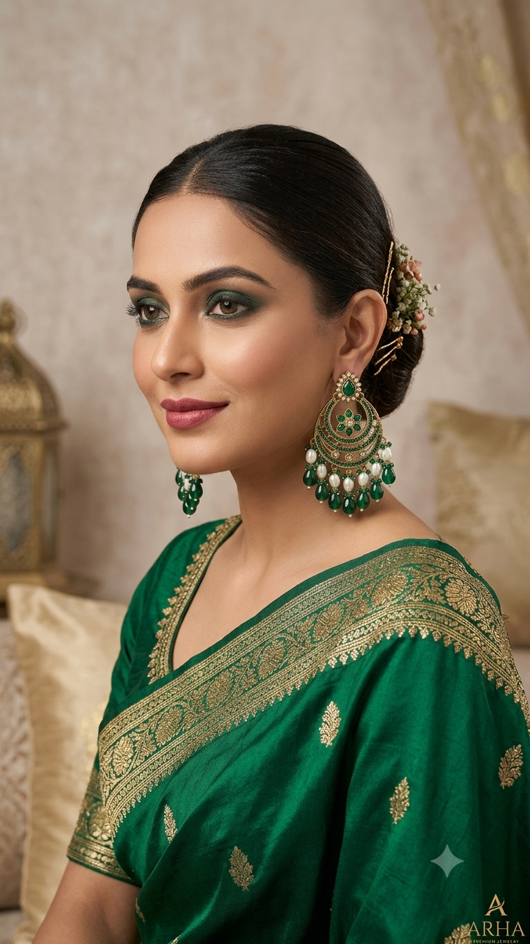 Premium Emerald Green Chandbali Earrings | Anshu Aura Jewellery