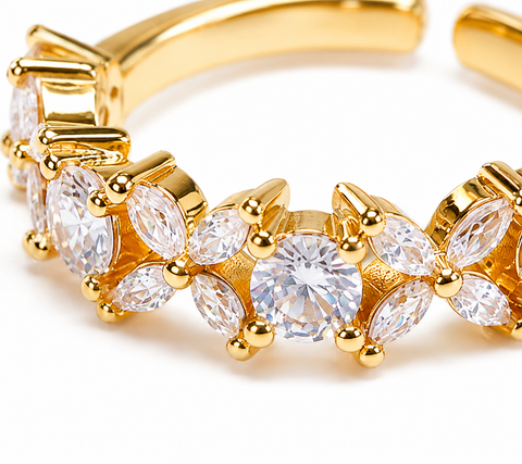 ANSHU AURA Golden Crystal Floral Adjustable Ring