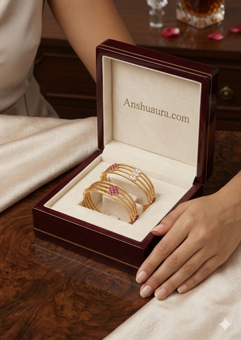 Anshuaura Exclusive: 18K Gold-Plated Quad-Strand Ruby & Diamond Fusion Bangles