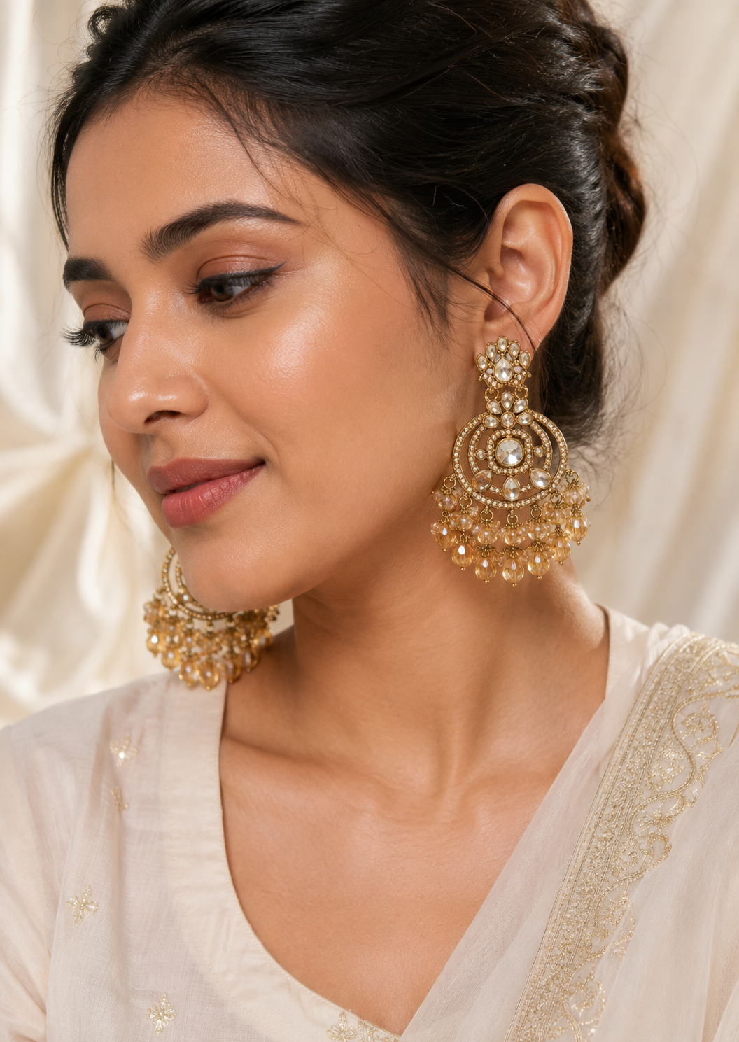 Champagne Crystal Chandbali Earrings | Premium Party & Wedding Statement Earrings