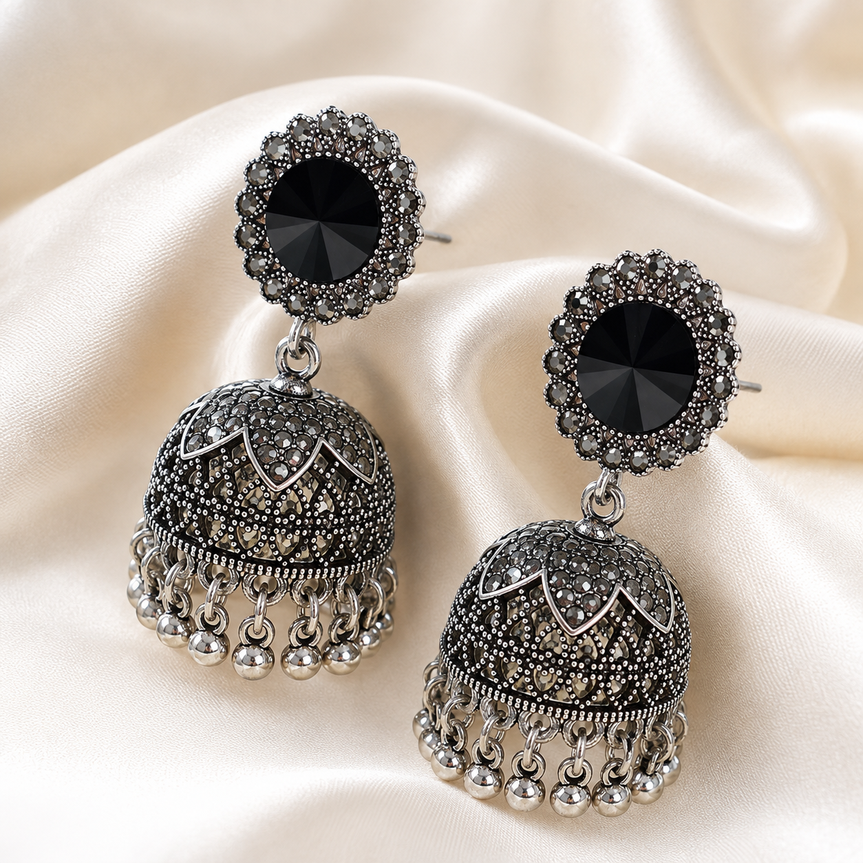 Black Stone Oxidised Jhumka Earrings